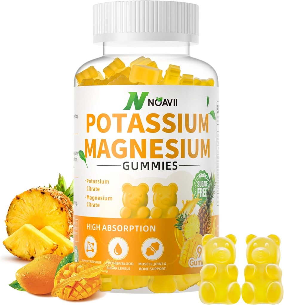 Potasio Magnesio Gummies, Nueva Fórmula Calma Magnesio Glycinate Gummies, Chewable Gummy Suplementos para la Leg Cramps & Muscle, Pineapple Flavor 90 Conde