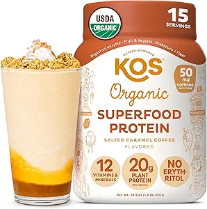 KOS Vegan Protein Powder, Salted Caramel Coffee - Low Carb Pea Protein Blend, Organic Plant Superfood Rich in Vitamins & Minerals - Keto, Dairy Free - Meal Replacement for Women &amp; Men - 15 Servings