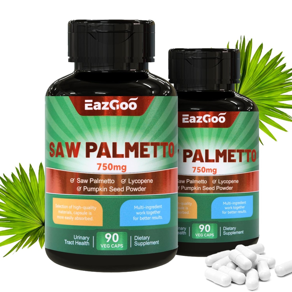Saw Palmetto Supplement, Saw Palmetto Extract 750mg, with Lycopene, Pumpkin Seed Powder, for Men and Women,Non-GMOs & Gluten, Vegan, 90 Count Capsules（Pack of 2）
