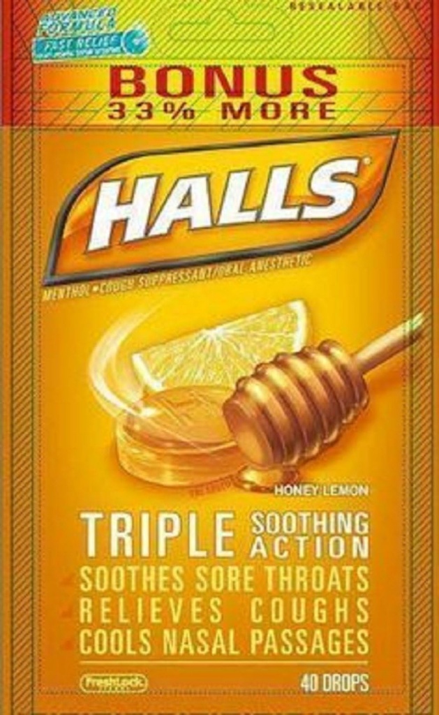 Halls Menthol - Cough Suppressant/Oral Anesthetic, Honey-Lemon, Drops, 40 ct. Pack of 2