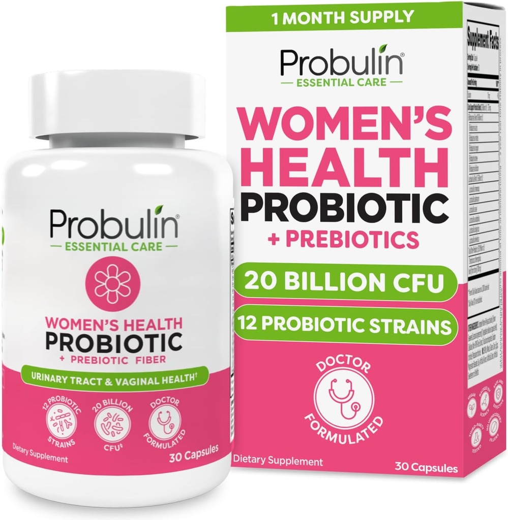Probiótico Probulina Mujeres - Vaginal, UT, Gut &amp; Immune Health with Lactobacillus Reuteri - 20 Billion CFU, 12 Strains Probióticos & Prebióticos - 30 Vegan, Gluten Free Capsules for Whole-Body Wellness