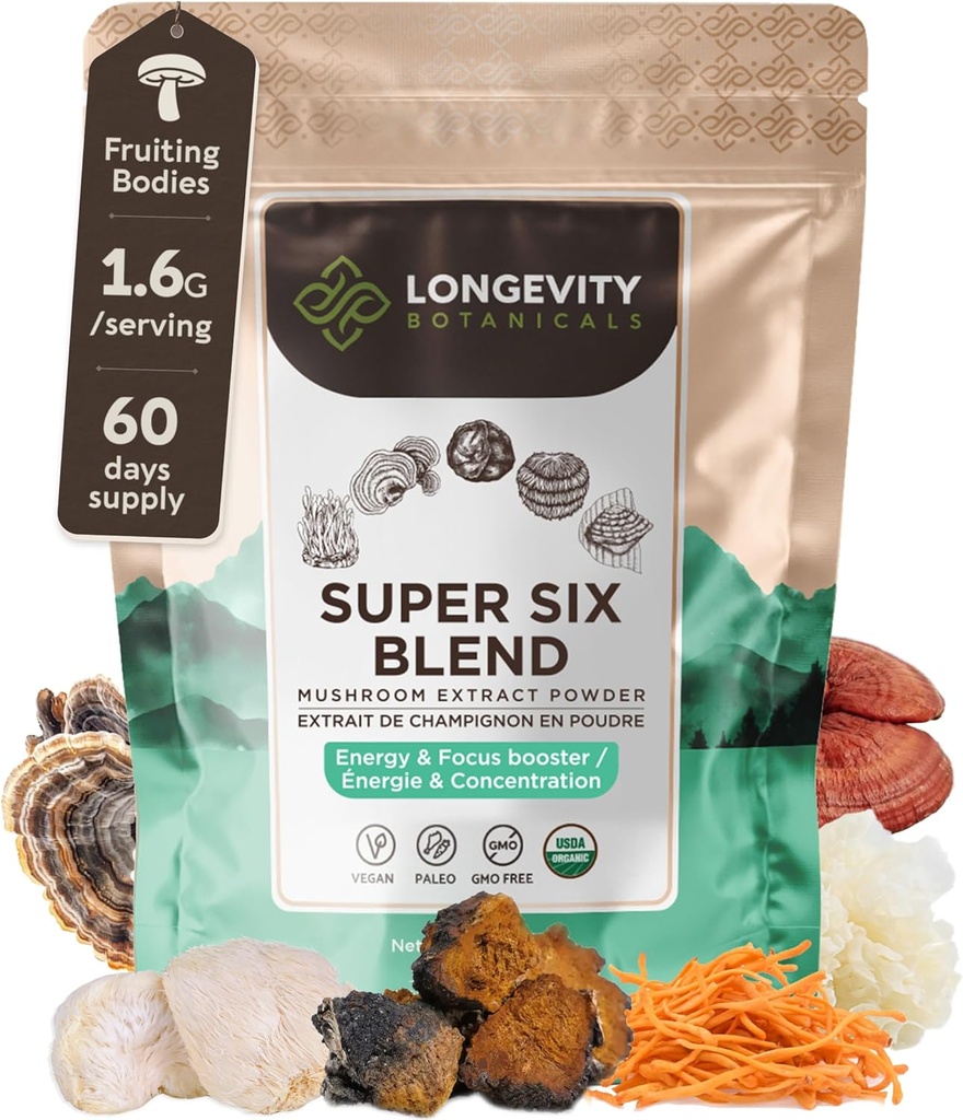 Longevity Botanicals Super Six Organic Mushroom Blend 100g ← Reishi, Lion’s Mane, Chaga, Cordyceps, Tremella &amp; Turkey Tail ← Extract Powder Mix ← 10:1 Ratio tención 100% Fruiting Bodies ← Mushroom Complex