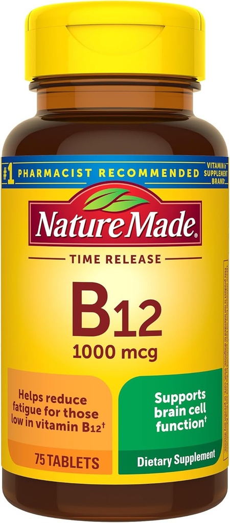 Nature Made Vitamina B12 1000 mcg, Suplemento dietético para el apoyo al metabolismo energético, 75 Tablas de liberación del tiempo, 75 Day Supply