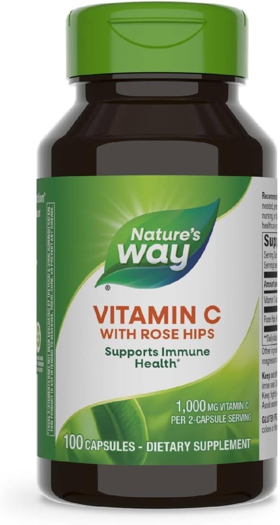 Camino de la Naturaleza Vitamina C con Caderas Rosas, Potencial Antioxidante &amp; Función Inmunitaria Apoyo de la vitamina C*, promueve el colágeno para la piel sana*, 1.000 mg Vitamina C, 100 cápsulas (paquete mayo Vary)