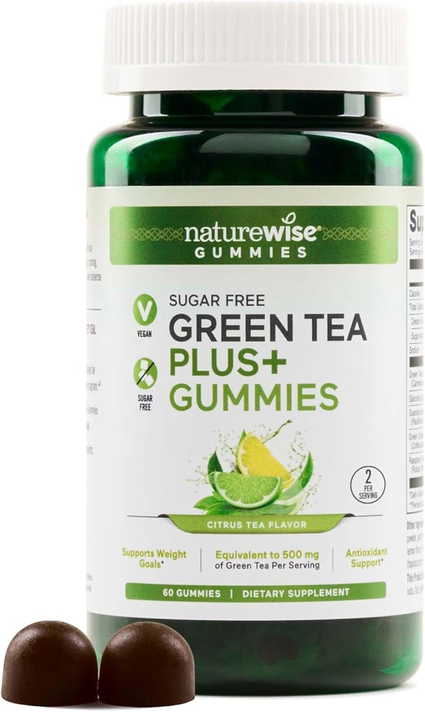 NatureWise Green Tea Gummies - Keto, Sugar Gratis - Supports Fitness Goals for Women &amp; Men - 500mg Green Tea + Raspberry Ketones, Garcinia Cambogia - Vegan, No Gluten - 60 Conde[1-Month Supply]