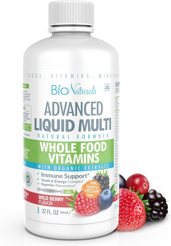 Bio Naturales Liquid Whole Food Multivitamin for Men &amp; Women with Over 100 Ingredients - Superfoods, Omegas, Orgánica Extractos - 100% Vegan - 32 oz