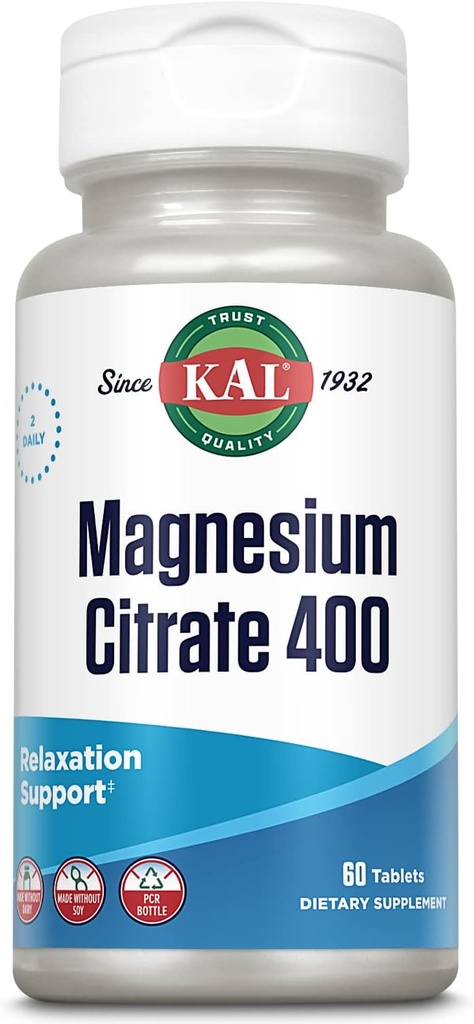 Citrato de magnesio KAL 400mg, Suplemento de magnesio para la función del músculo saludable, relajación, nervios y apoyo a la circulación, rápidos actos de desintegraciónTabs, Vegan, Gluten Gratis, 30 piezas, 60 tablas