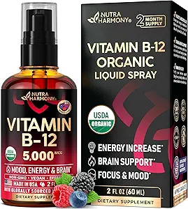 USDA Vitamina Orgánica B12 Spray Sublingual - 5000 mcg Liquid Vegan Metilcobalamin for Women &amp; Men - Energy Boost, Focus &amp; Mood, Brain Health Support - Maximize Absorption - 2 Month Supply, 2 fl oz