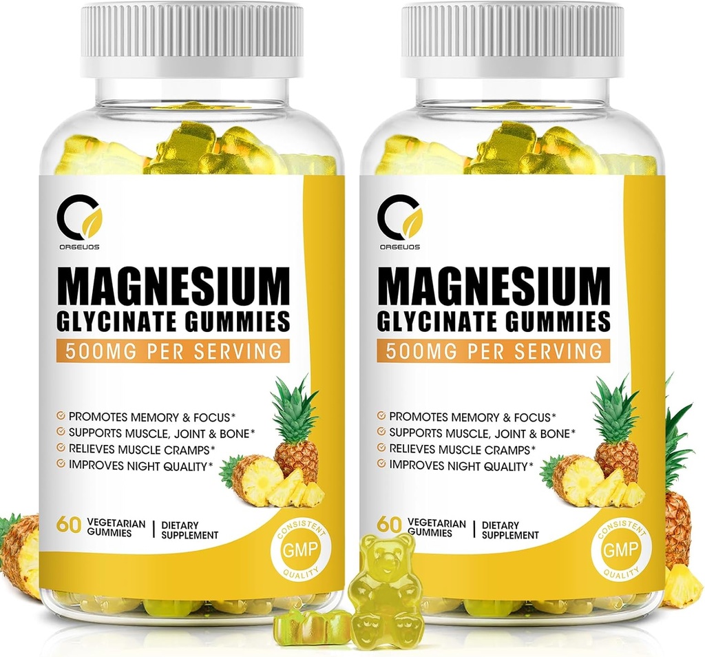 (2 Pack) Magnesio Glycinate Gummies 500mg, Suplemento de magnesio de alta absorción con calcio y vitaminas, Bono de apoyo, musculo, noche, memoria " , Vegan, no GMO, 60 Condes, sabor a piña