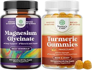 Bundle of Pure Magnesium Glycinate 400mg Por Serving for Mood Sleep and Relaxation 240ct and Turmeric Gummies for Adults Peach Flavor - Extra Strength Joint Support Gummies