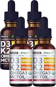 (4 Pack) Vitamina D3 K2 Drops Unflavored & Strawberry Flavor Bundle - Maximum Strength Vitamin D Liquid 5000 UI con MCT Oil Omega 3 - No Fillers, Non-GMO Liquid D3 para Immune Support, 2 Fl Oz Cada uno