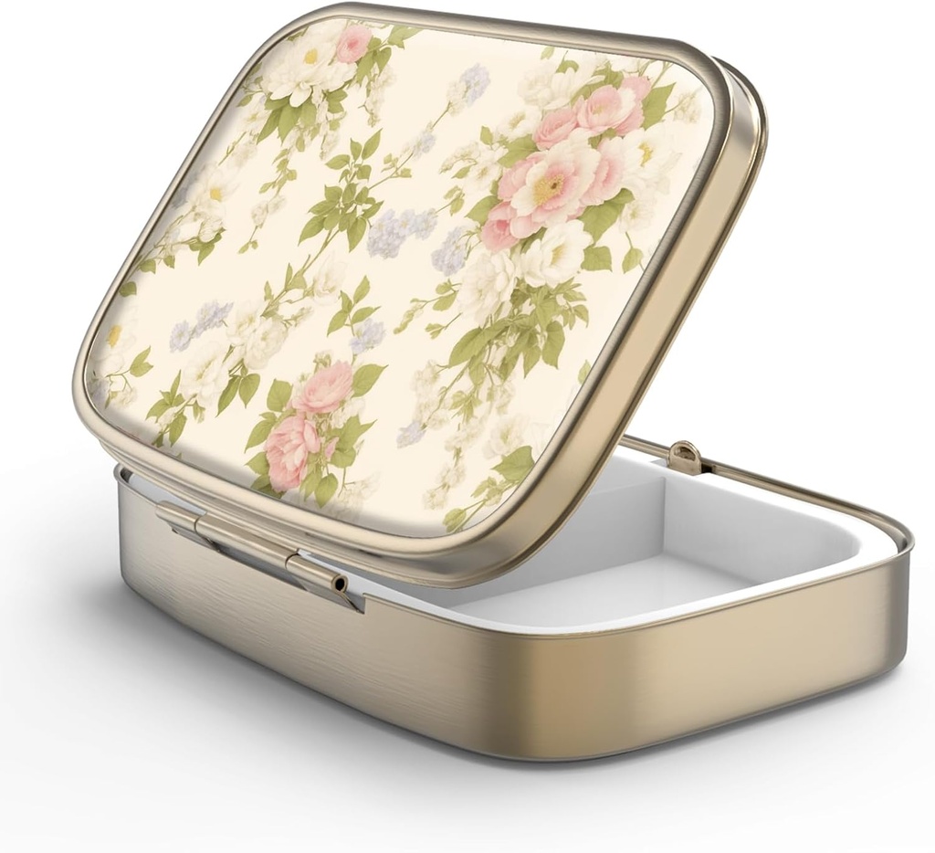 Pill Case Pill Box with Mirror Retro 2 Compartment Small Pill Case for Purse or Pocket Bronze Rectangular Pill Box or Vitamins, Fish Oil, Supplements, Pill Containe Travel Gifts(Vintage Floral)