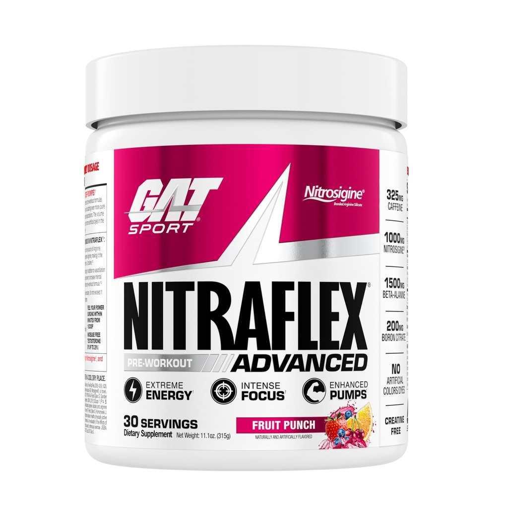 GAT SPORT Nitraflex Advanced Pre-Workout Powder, Increases Blood Flow, Boosts Strength and Energy, Improves Exercise Performance, Men & Women (Fruit Punch, 30 Servings)