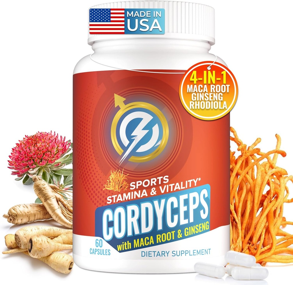 Cordyceps Mushroom Capsules - Immune & Energy Support Supplement with Cordyceps Militaris, Maca Root, Ginseng, Rhodiola, Mushroom Supplement for Endurance, Stamina, Athletic Performance, 60 cápsulas