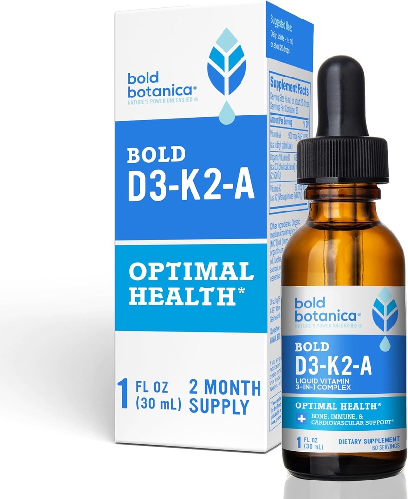 Bold Botanica D3-K2-A, Complejo de Vitamina Líquida, Vegan D3 de Algas Orgánicas con Vitamina K2 (MK7) y A para Immune Support, Natural Orange Flavor, Tastes Delicious, 1 FL OZ. (30mL)
