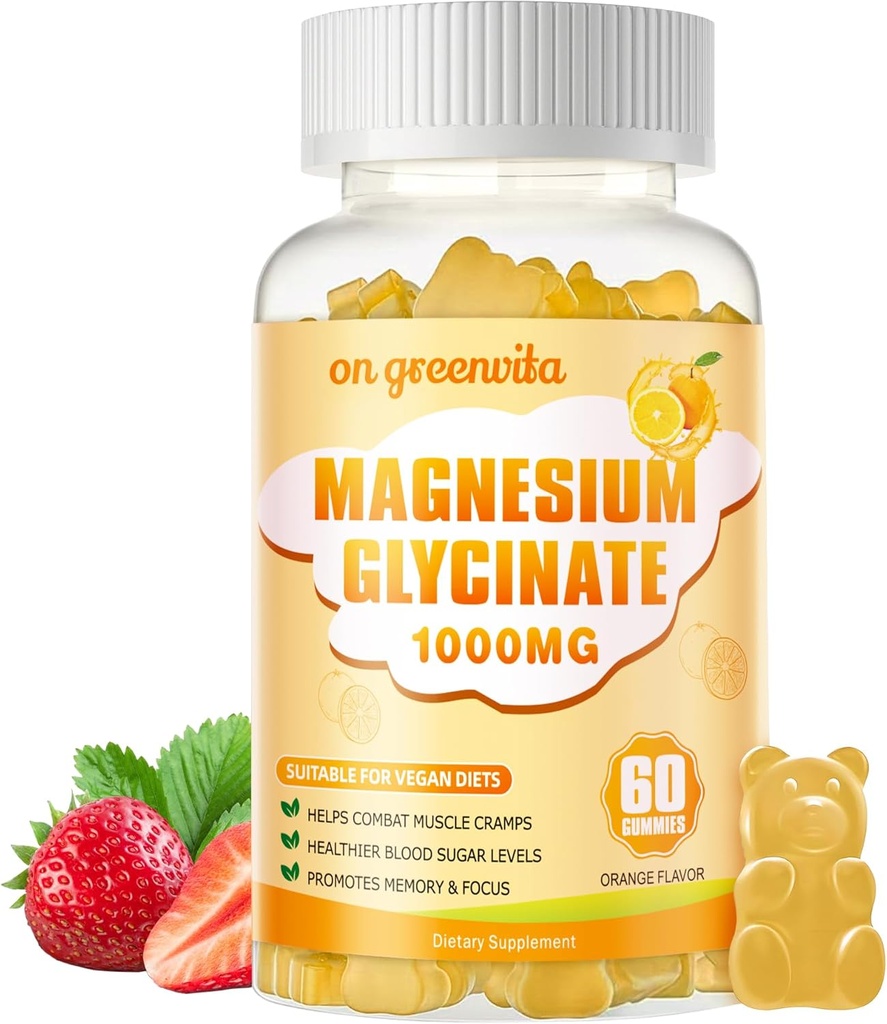 Magnesio Glycinate Gummies 1000mg - Suplemento de Potasio de Magnesio Libre de Azúcar con Vitamina D, B6, CoQ10 para calma Mood &amp; Sleep Support - 60 Orange Gummies