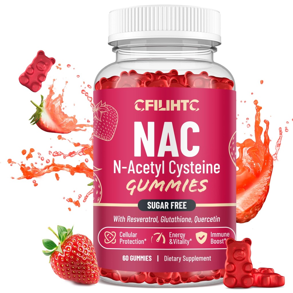 CFILIHTC NAC Gummies 600mg, N Acetyl Cysteine Suplemento con Glutathione, Resveratrol, Magnesium, CoQ10, NAC Chewable for Antioxidants & Immune Support, Strawberry Flavor 60 Gummies