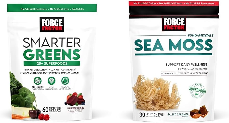 FORCE FACTOR Greens Chews with 25+ Superfoods & Sea Moss Chews, 60 &amp; 30 Count