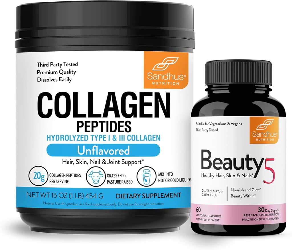 Sandhu's Grass-Fed Collagen Peptides Powder &amp; Beauty 5 Capsules duración Suplementos de piel animados promueve la piel, el pelo, la salud de uñas