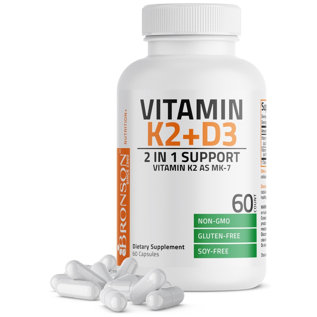 Bronson Vitamin K2 D3 (MK7) Supplement Non-GMO Formula Vitamin D3 5000IU (125 mcg) & 90 mcg K2 MK-7, Easy to Swallow D & K Complex, 60 Capsules