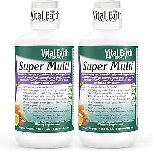 Vital Earth Minerals Super Multi 2-Pack – Liquid Multivitamins for Women, Men &amp; Kids, Liquid Vitamins with Fulvic Acid for Better Absorption, MTHFR Support, 32 Oz Ea + 1 Oz Cup