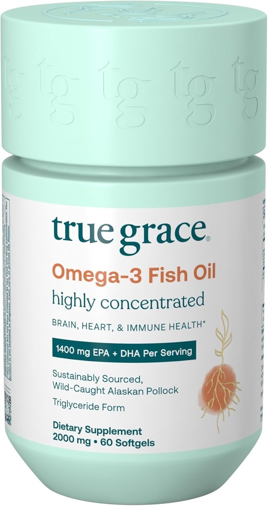 True Grace Omega-3 Fish Oil - 60 Softgels - 1400 mg EPA + DHA - Brain, Heart, Joint &amp; Immune Health - Organic, Gluten Free, Soy Free