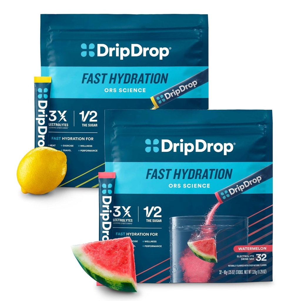 DripDrop Hydration - Electrolyte Powder Packets - Watermelon & Lemon Bundle - 64 Conde