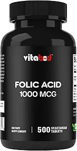 Ácido fólico 1 mg (1000 mcg) (Vitamin B9) - 500 Tabletas vegetarianas - una vitamina prenatal y postnatal esencial