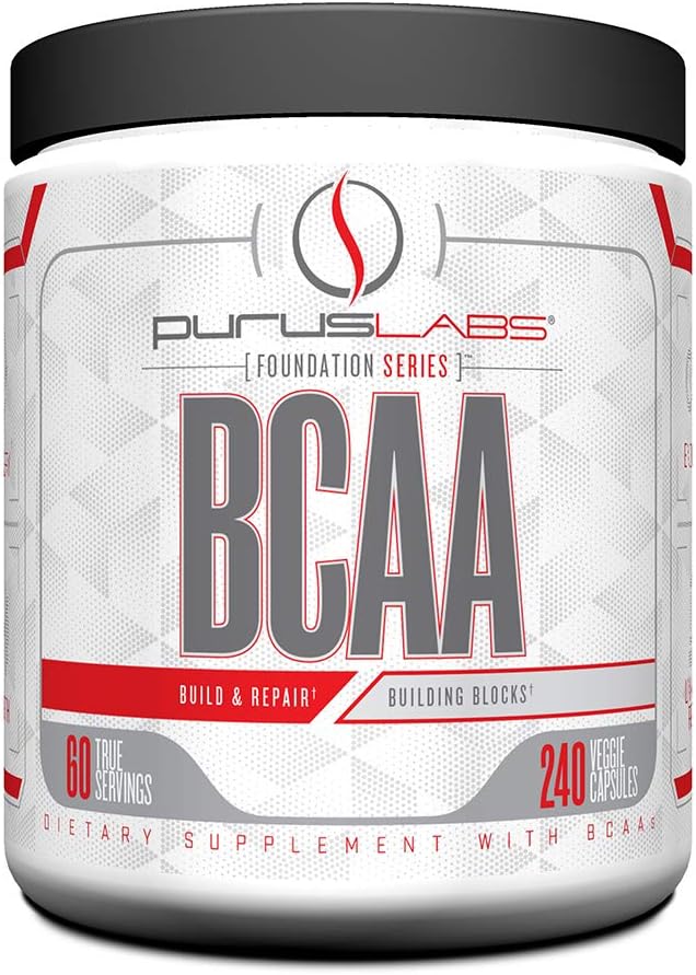 BCAA Capsules by Purus Labs Foundation Series ← 2:1 Leucine, Valine, Isoleucine Silencio para la recuperación, la resistencia, la fuerza y el edificio musculoso ← 240 Capsules (60 Servings)