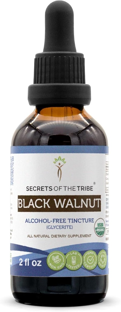 Secretos de la tribu de nuez negra USDA Orgánica ← Extracto libre de alcohol, gotas herbales de alta potencia  Made from 100% Certified Organic Black Walnut (Juglans Nigra) Dried Hull 2 oz