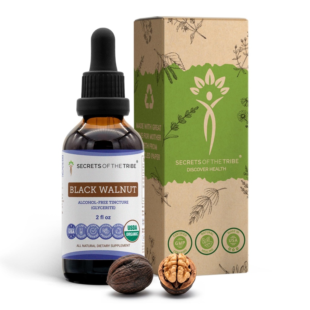 Secretos de la tribu de nuez negra USDA Orgánica ← Extracto libre de alcohol, gotas herbales de alta potencia  Made from 100% Certified Organic Black Walnut (Juglans Nigra) Dried Hull 2 oz