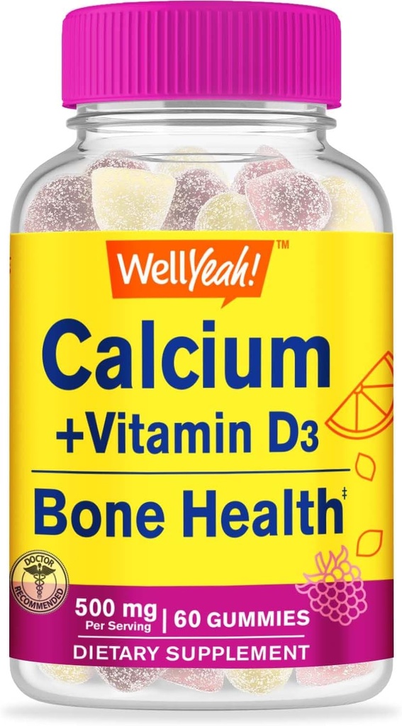 WellSí Calcio 500mg + Vitamina D3 1000 UI (25 mcg) Gummies - Hueso Salud y Supprt, Immune Soporte Gummy, No GMO, Gluten Gratis, Mix Fruit Flavors - 60 Gummies