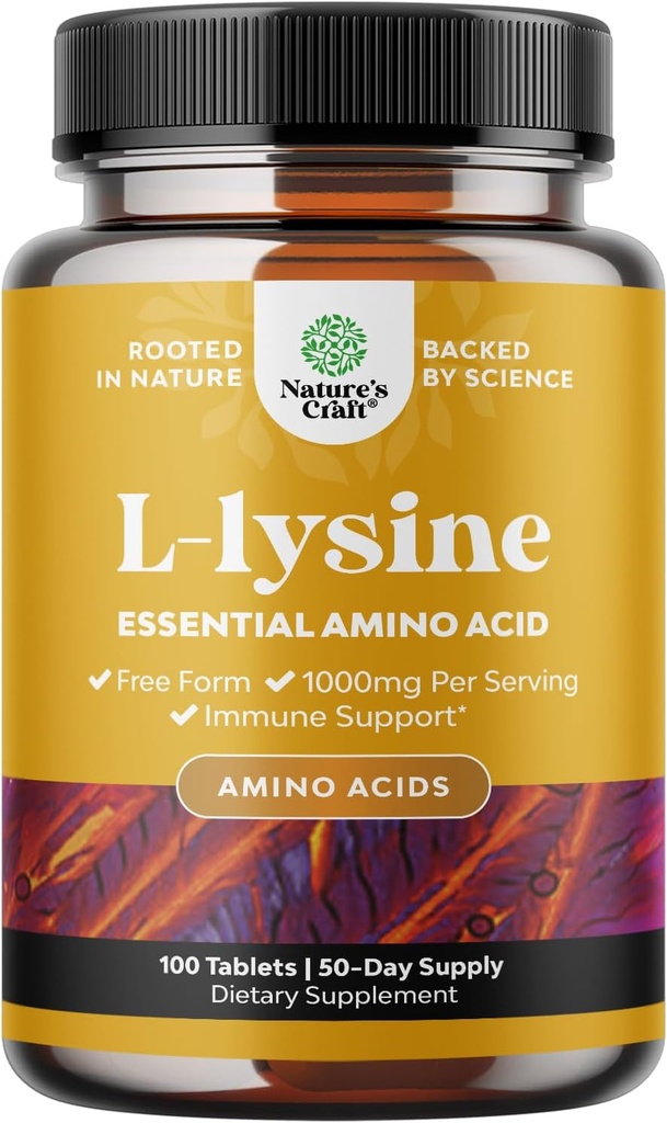 L Lysine 1000mg Forma gratuita - Suplemento L-Lysine de alta resistencia para la atención de la salud del ojo Collagen Synthesis y soporte inmunológico - Aminoácidos esenciales Vegan No GMO 1000mg por servicio - 100 Tablets