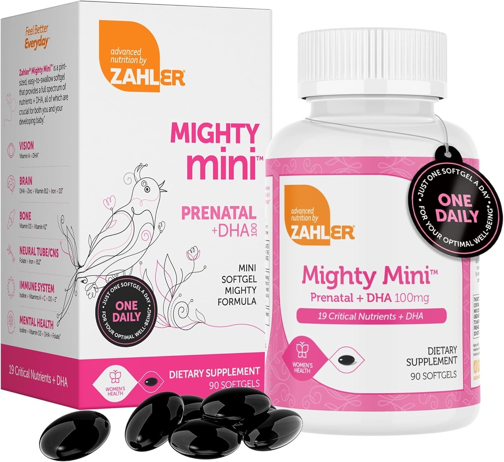 Zahler Mighty Mini vitamina prenatal con DHA & Folate - Certified Kosher - Todas las vitaminas prenatales naturales - Multivitamina para las mujeres embarazadas - 19 vitaminas prenatales incluyendo ácido fólico (90 Softgels)