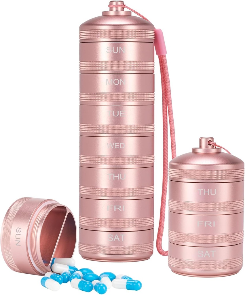 XHT Pink Weekly Metal Pill Organizer 7 Day 2 Times a Day – Aesthetic Waterproof AM PM Travel Pill Box, Heavy Duty Pill Holder and Medicine Pill Organizer for Vitamins, Fish Oil &amp; Supplements