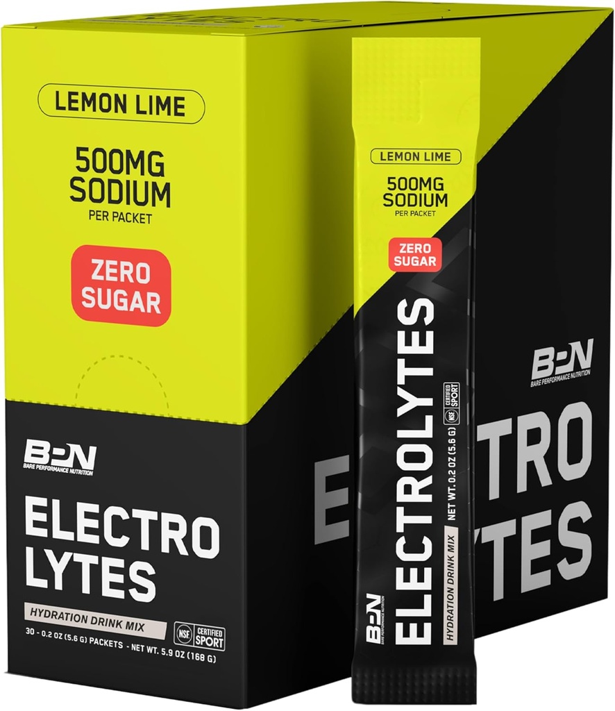 BARE PERFORMANCE NUTRITION BPN Electrolytes Go Packs Hydration Drink Mix ¦ Sugar Free Electrolyte Powder ← 500mg Sodium per Serving ← Naturalmente Sweetened ← Lime Lemon, 30 Servings