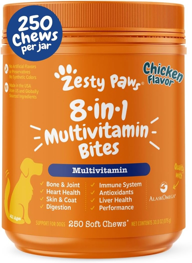 Zesty Paws Dog Multivitamin, Chewable Dog Vitamins and Supplements for Hip " Joints, Skin " Coat, Omega 3 Fish Oil for Dogs- Senior " Puppy Multivitamin - Chicken- 250ct