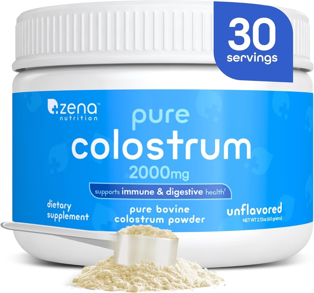 Zena Nutrition Bovine Colostrum Powder Suplemento, 2000mg Pure Colostrum, Supports Immune and Digestive Health, Promotes Gut Health, Keto, Gluten Free, Fat Free, Grass Fed, Unflavored, 30 Servings