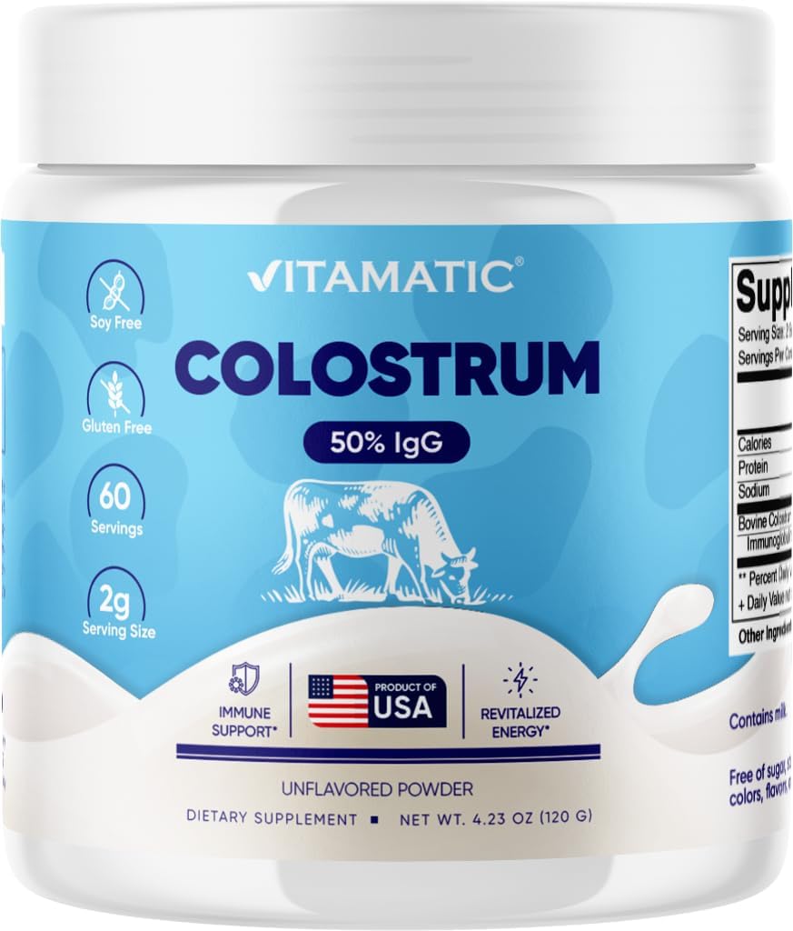 Vitamatic Bovine Colostrum Powder - 50% Highest IgG -120 Gram - Suplemento para Gut Health, Hair Growth, Beauty, Muscle Recovery, &amp; Immune Support - Easy to Mix - Unflavored - 60 Servings