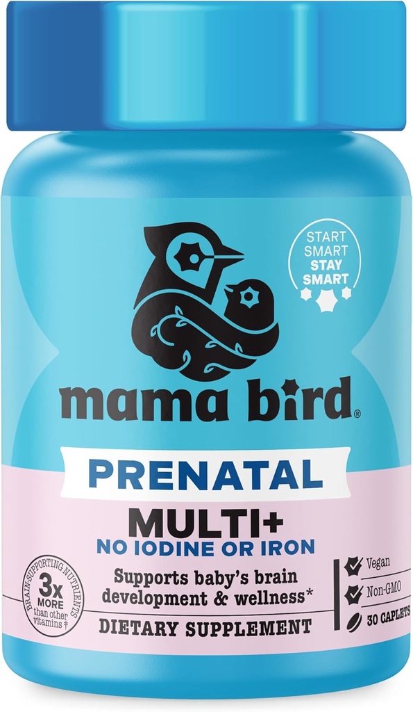 Best Nest Wellness Mama Bird Prenatal Multi Plus Iodine & Iron Gratis - Prenatal Vitamin for Brain &amp; Digestive Health - Vegan Multivitamin with Methylfolate, Probiotics &amp; More - 30 Caplets