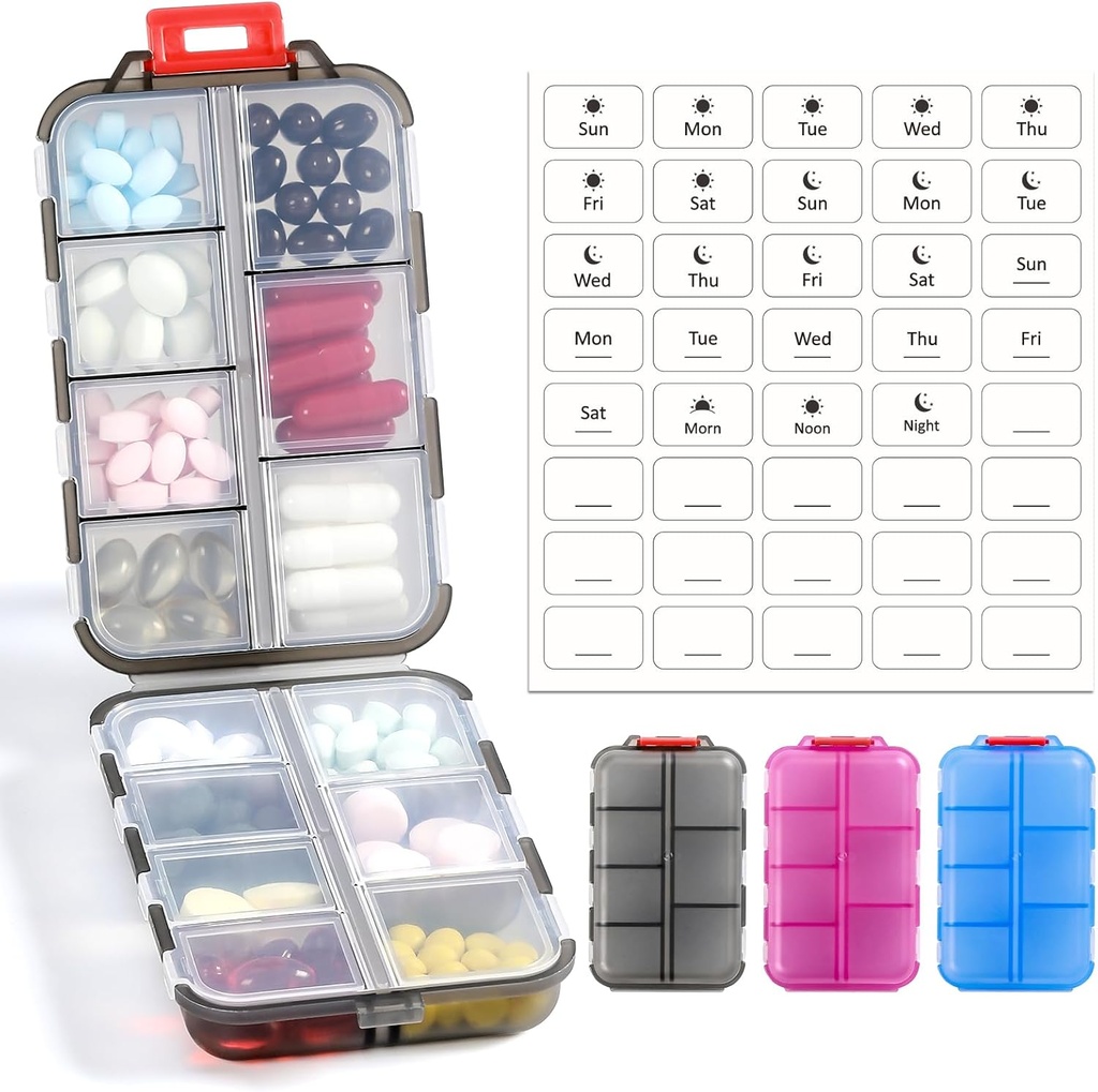 3 Pack 14 GRIDS Travel Pill Organizer Box with Labels - Travel Medicine Case Kit - Pocket Daily Pharmacy Container - Travel Medication Holder Dispenser for Fish Oil Vitamin Storage - Clear