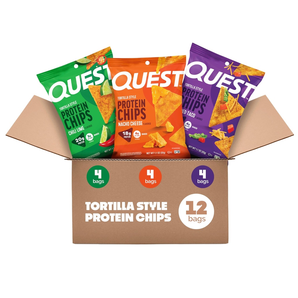 Quest Nutrition Tortilla Style Protein Chips Variety Pack, Chili Lime, Nacho Cheese, Loaded Taco, Low Carb, High Protein, Gluten Free, 1.1 oz (Pack of 12)