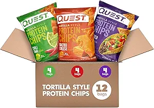 Quest Nutrition Tortilla Style Protein Chips Variedad Pack, Chili Lime, Nacho Cheese, Taco cargado, Bajo Carb, Alta Proteína, Gratuito, 1.1 oz (Pack of 12)