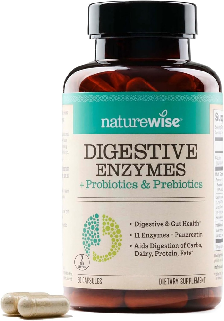 NatureWise Digestive Enzymes - Multi Enzymes with Probiotics + Prebiotics - Post Mealtime Comfort " Bloating Support + Aids Digestion and Gut Health - Soy-Free, Non-GMO - 60 Capsules[1-Month Supply]