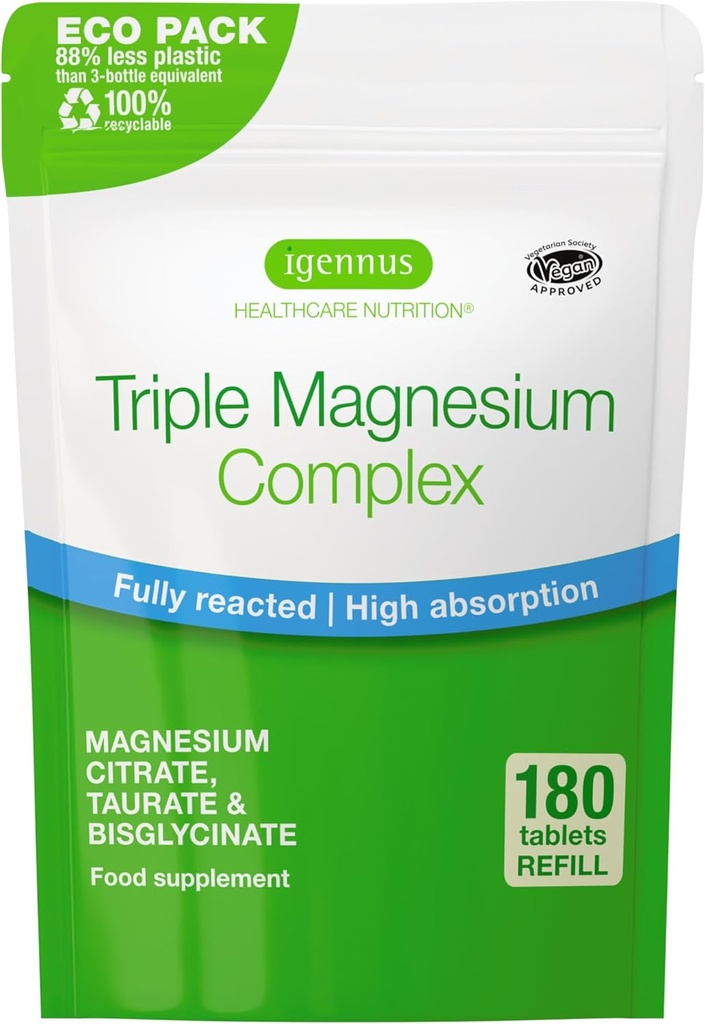 Igennus Complejo de Magnesio Triple Superior, Glycinate totalmente reformado, Taurate & Citrate, Etiquetas limpias, Alta Biodisponibilidad " Absorción, 180 Tabletas, Vegan, No amortiguado