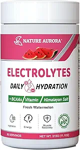 Electrolytes Powder No Sugar, Pólvora electrolítica de sandía fresca, Polvo de hidratación, Mejorado con Sal Himalaya, BCAAs y B-Vitamins, Sin Calories, Bebida de electrolito de azúcar gratis - 90 Servings