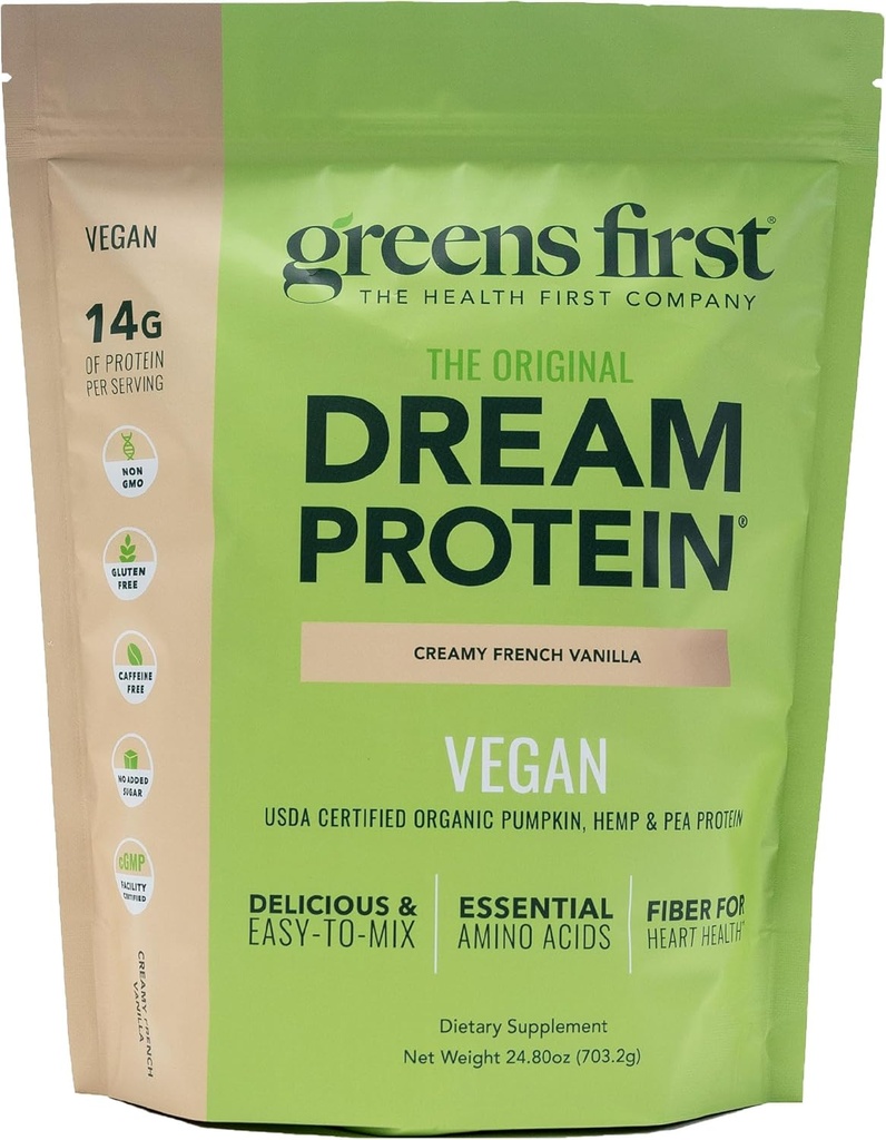 Greens First Dream Protein Plant-Based Vegan Powder - USDA Organic Pumpkin, Hemp & Pea Protein - Gluten-Free, Non-GMO, No Añadido Sugar (Creamy French Vanilla, 24.8 oz)