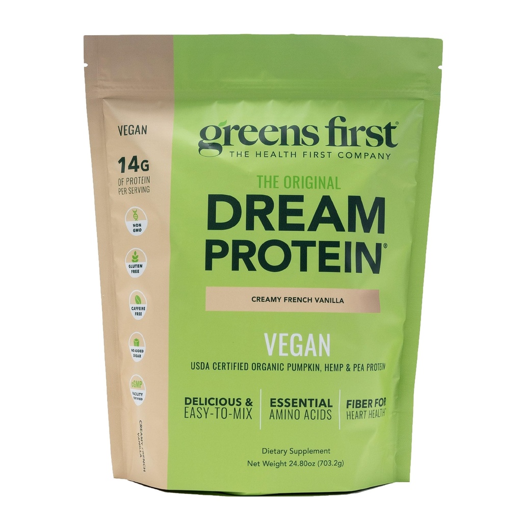 Greens First Dream Protein Plant-Based Vegan Powder - USDA Organic Pumpkin, Hemp & Pea Protein - Gluten-Free, Non-GMO, No Added Sugar - Creamy French Vanilla, 24.8 oz