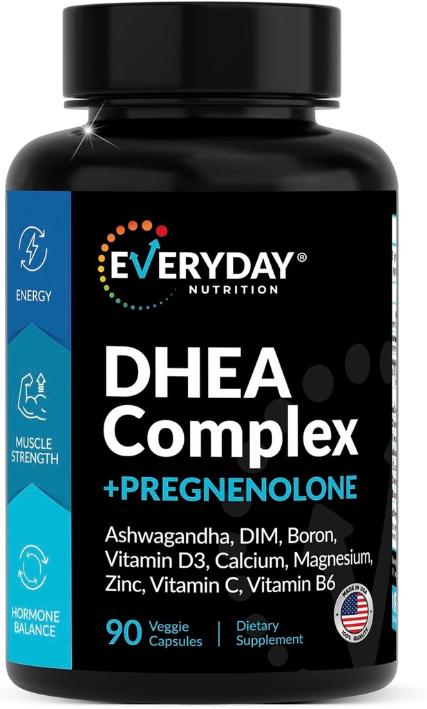 DHEA Complejo Micronizado 200mg con Pregnenolone 100mg Suplemento para Mujeres Hombres con Ashwagandha, DIM, Magnesio, Boron, Calcio, Zinc, Vitamina D3, C y B6 Soporte hormonal - Hecho en EE.UU. 90 cápsulas