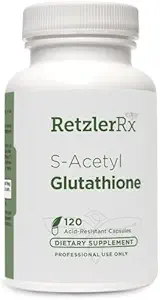 RetzlerRx S-Acetyl Glutathione Suplemento 100 mg. por Capsule, Made in USA - 120 Acid-Resistant Capsules - Antioxidant Support - Non-GMO, Soy &amp; Gluten-Free / Bergaflow®, Pharmaceutical Grade